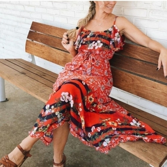 Anthropologie One September Zuri Midi Dress Small Red Floral Stripes Ruffles - Picture 2 of 9